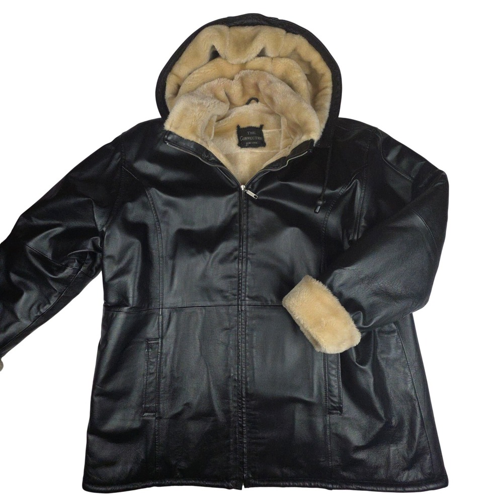 The Connection NY Hooded Leather Jacket Womens 3XL Black Faux Fur Lined Coat